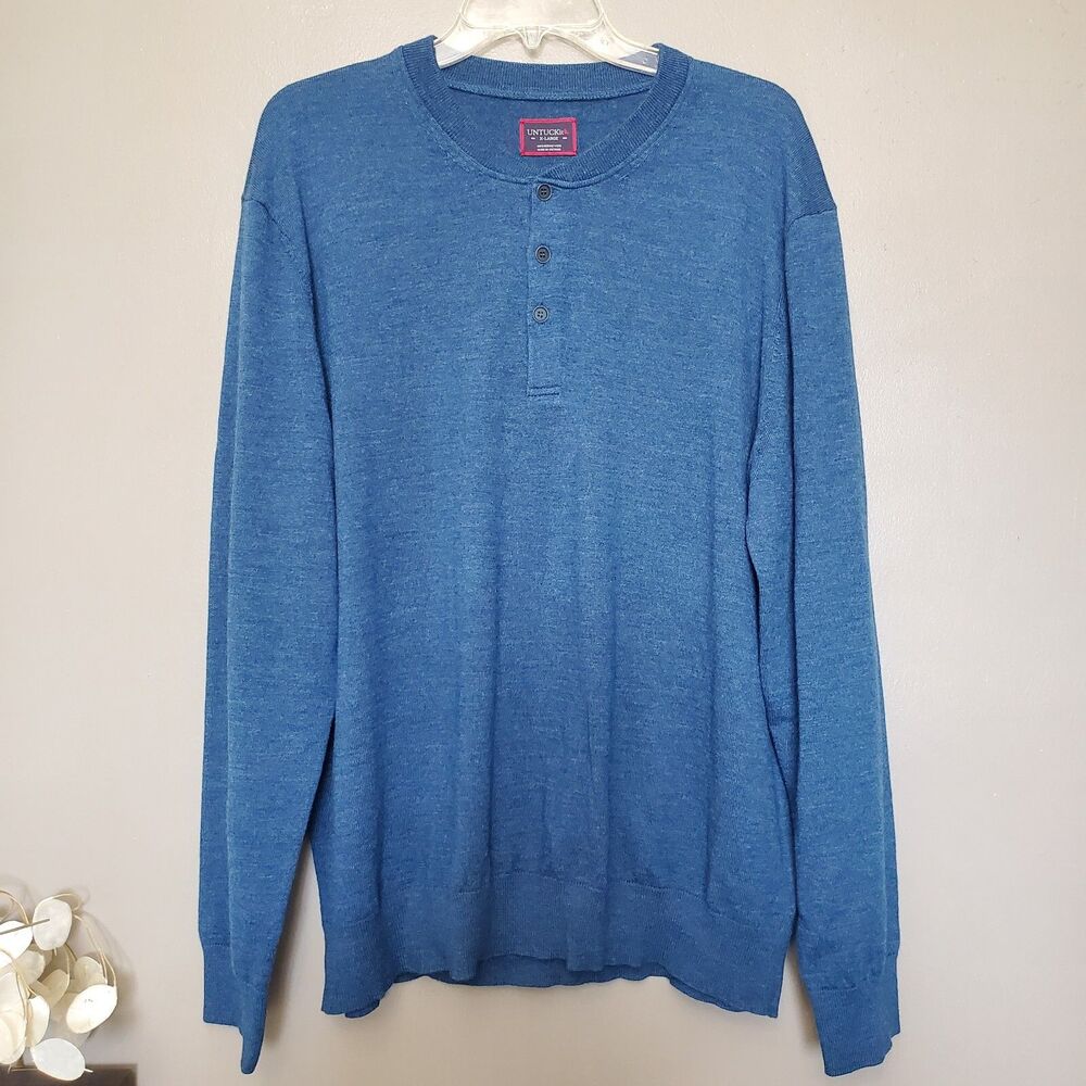UNTUCKit Sweater Mens Size XL Travis Blue Merino Wool Knit Pullover 3 Button